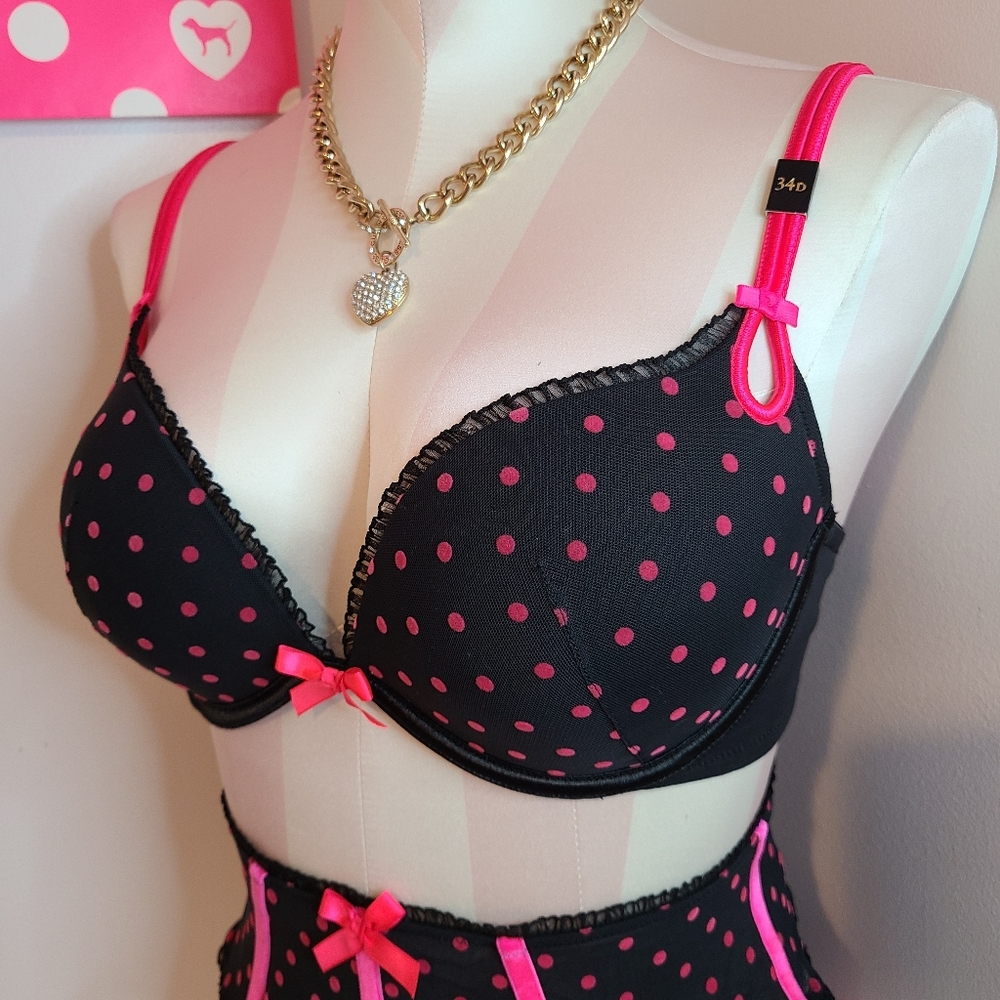 Rare VTG VS Sexy Little Things 3pc Polka-dot Pin-up Lingerie Set Size 34D/Lg - Picture 3 of 8